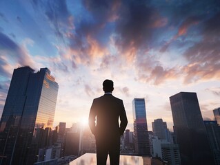 Naklejka na ściany i meble Businessman rooftop view sunrise city (1)