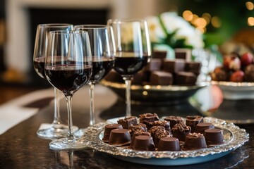 Assorted chocolates and red wine on elegant table setting
