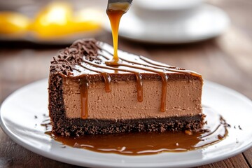 Delicious chocolate cheesecake slice with caramel drizzle on white plate