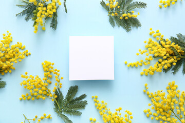 Blank card with beautiful yellow mimosa flowers on blue background