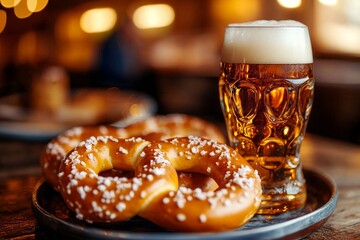 Freshly baked pretzels and frothy beer in cozy pub setting