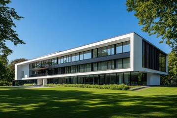 Fototapeta premium White modern apartment building with black window frames, surrounded by green grass and trees A wide-angle shot of an apartment complex in Germany Generative AI