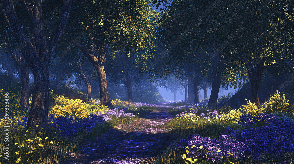 Poster strolling through a serene forest path enchanting nature scene tranquil environment scenic viewpoint