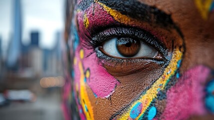 A striking close-up of an artistic eye decorated with vivid face paint highlights emotions, creativity, and cultural expression in a captivating urban setting.