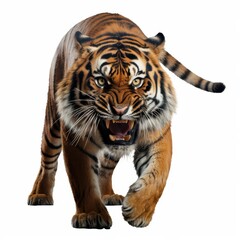 Fototapeta premium A fierce tiger, symbolizing courage and ferocity, is presented in a striking Di Cut, set against a clean white backdrop.