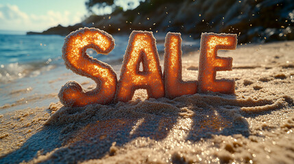 Creative beach sale sign made of sand reflects sunlight by the shore during a bright day