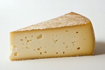 Close-up of wedge of aged semi-hard cheese on white background