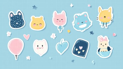 Obraz premium Cute and colorful animal stickers in pastel colors with playful designs on a light blue background perfect for decoration. Generative AI