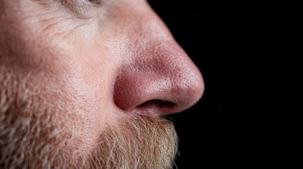 Obraz premium Close-up profile of a man's nose and beard, dark background