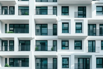 Fototapeta premium New apartment buildings with white walls and black windows, surrounded by green grass Modern apartment block exterior with large balconies Generative AI