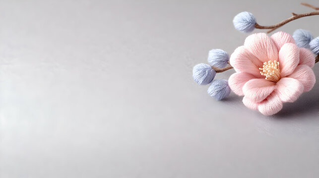 Pink yarn flower, grey background, spring decor, craft - Powered by Adobe