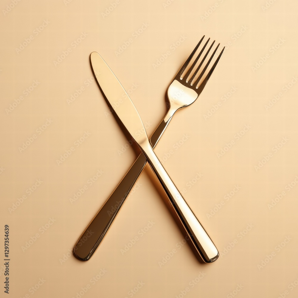 Aufkleber Elegant gold fork and knife arranged in a crossed position on a smooth surface during a dining setup. Generative AI