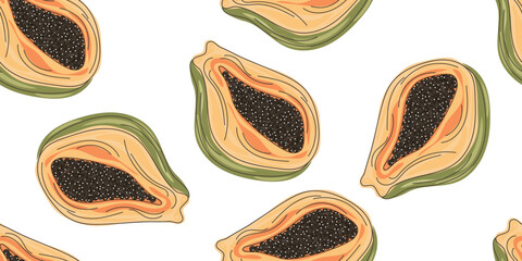 Doodle Papaya seamless pattern. Delicious tropical fruit. Colorful Hand drawn vector illustration for cards, business, banners, textile, wallpaper, wrapping in orange, yellow, green and black colours	