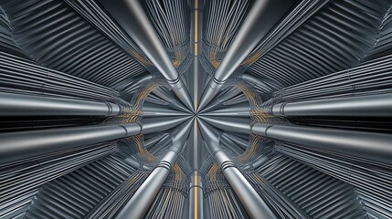 Abstract 3D Render: Metallic Pipes Converging in a Symmetrical Pattern AI Generated