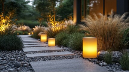 Evening garden path illuminated by candles