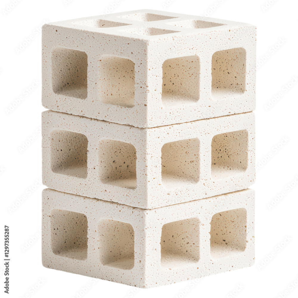 Poster stacked concrete blocks with hollow sections , isolated on transparent background