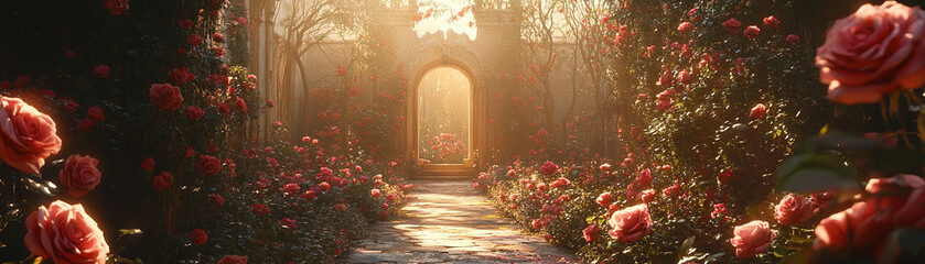 Obraz premium Enchanting garden pathway serene rose garden digital art morning light tranquil atmosphere nature's beauty