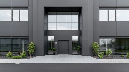 Fototapeta premium Modern dark grey office building facade with glass windows and entrance door during daytime.