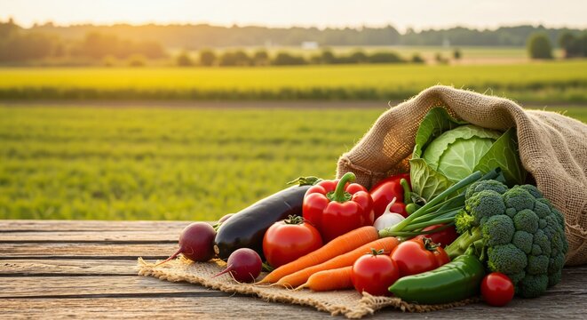 Freshly harvested vegetables including tomatoes, carrots, broccoli, and eggplant arranged on a rustic wooden surface with a sunlit field background representing organic farming