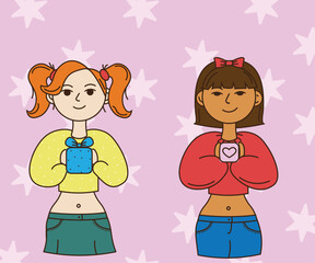 two girls with gifts, girl in summer clothes holding a gift, cartoon girls, flat characters, dark-skinned girl