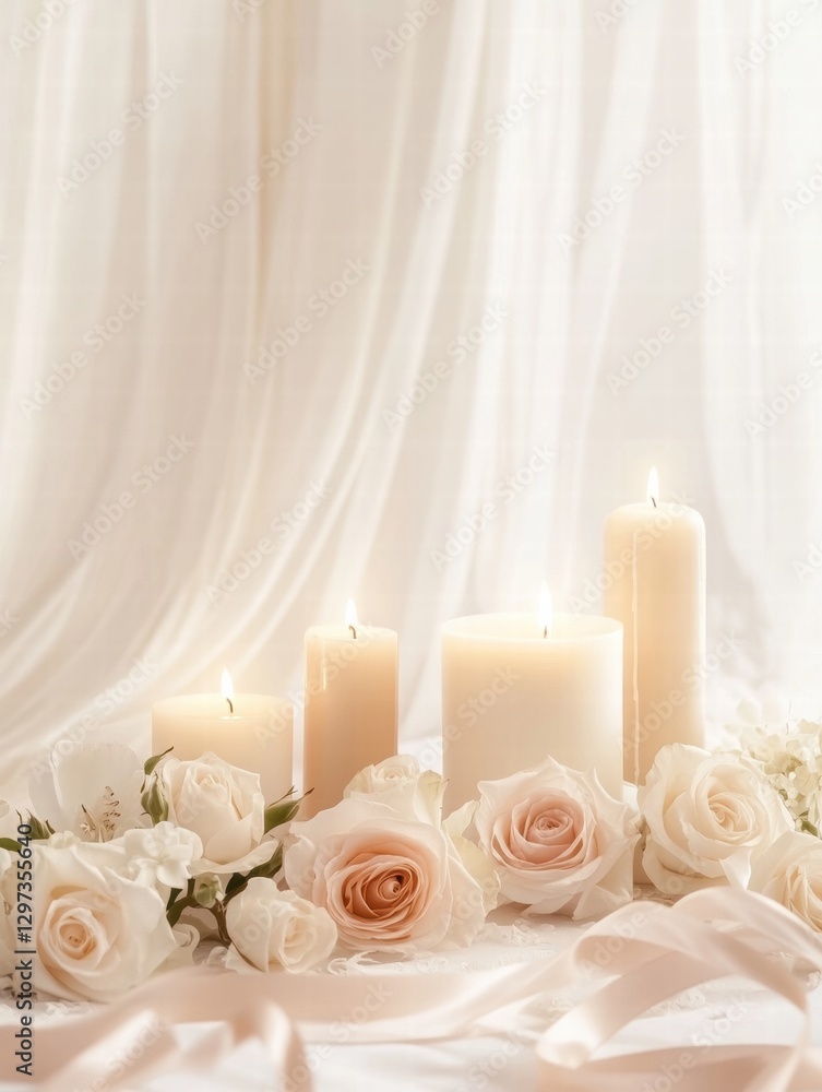 Leinwandbilder elegant display of white candles and roses arranged on a soft fabric backdrop for a peaceful ambianc