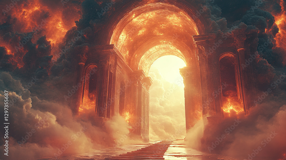 Poster celestial gateway to the divine ethereal landscape digital art surreal environment wide view mystica