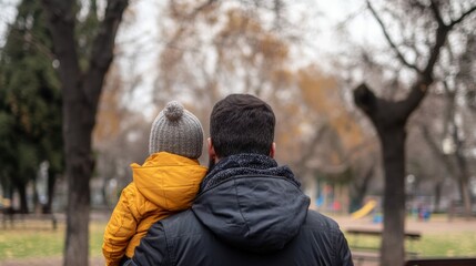 Father and child enjoying peaceful autumn day in park