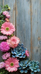 Botanical harmony pink blooms and succulents on rustic wood