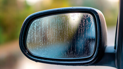 Fogged-Up Rearview Mirror with Streaks of Moisture