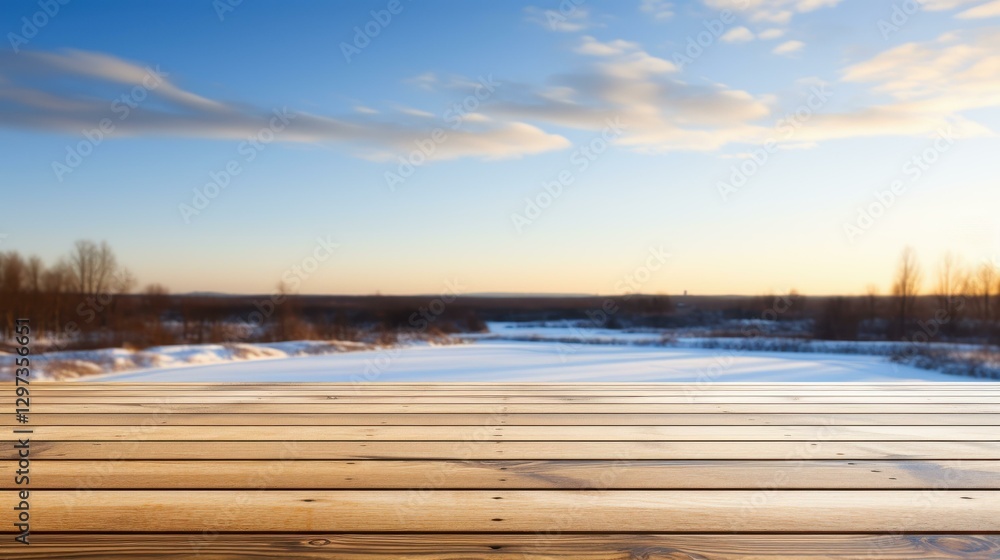 Poster a rustic wooden table sits in focus while a soft winter landscape blurs in the background, creating 