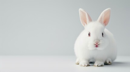 Obraz premium A cute white rabbit sits against a crisp white background, perfect for Easterthemed designs with ample copy space.