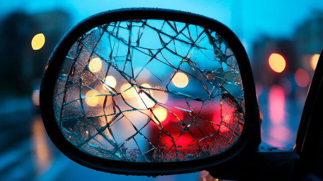Shattered Side Mirror with Cracks and Blurred City Lights Reflection