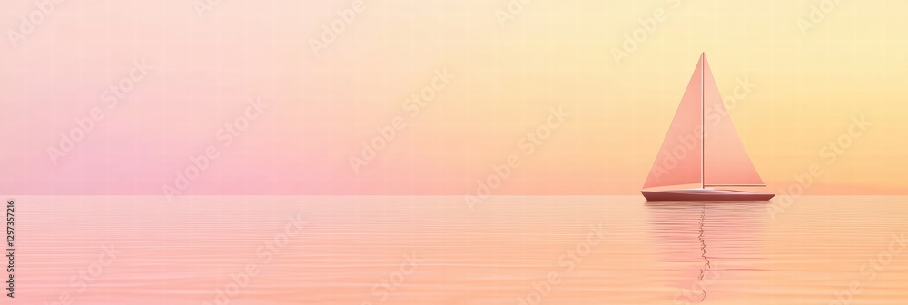 Poster sailboat gliding across serene waters at sunset with pastel sky colors reflecting on calm surface. g