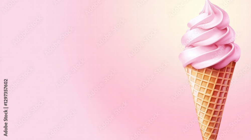 Poster delicious pink swirl ice cream cone against a pastel background for summer enjoyment. generative ai