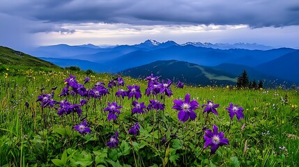 Fototapeta premium Vibrant Purple Wildflowers in a Mountain Meadow Under a Stormy Sky AI Generated