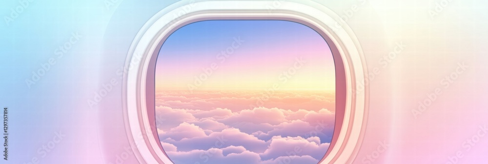 Poster beautiful colorful sunset view outside an airplane window over fluffy clouds during evening flight. 