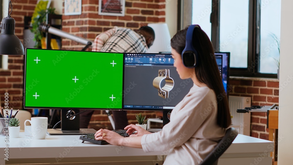 Poster software developer works in a modern office with green screen and dual monitors. home workspace emph