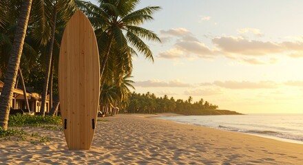Surfboard on sandy beach at sunset surrounded by palm trees creating a serene tropical atmosphere near the ocean