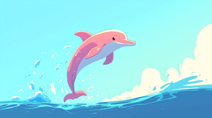 Obraz premium Pink Dolphin Leaping Ocean Waves Summer Sky Fun