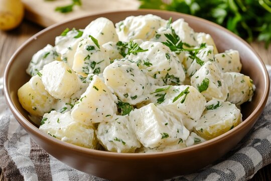 Creamy herb potato salad in brown bowl with fresh parsley