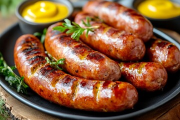 Fototapeta premium Grilled sausages on plate with mustard and fresh herbs