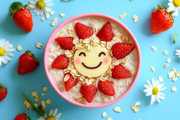Cheerful oatmeal bowl with strawberry and apple smiley face on blue background