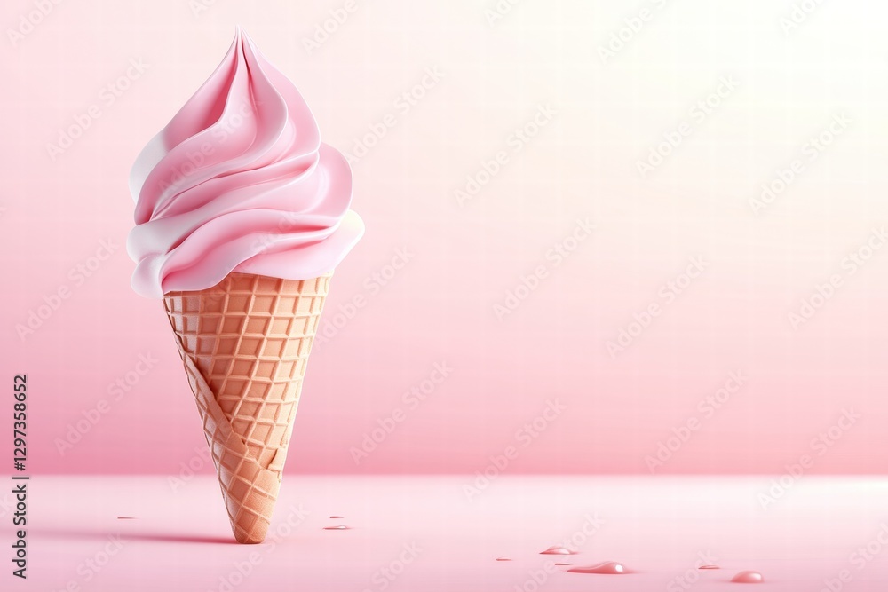 Poster classic soft serve ice cream cone with pink swirl against a pastel background. generative ai