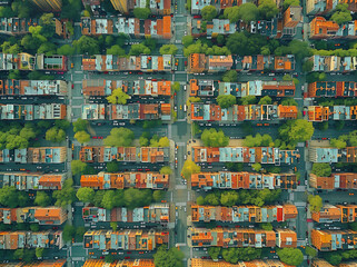 Fototapeta premium Aerial view of NYC's Harlem neighborhood with rows of buildings and tree-lined city blocks in photorealistic detail.
