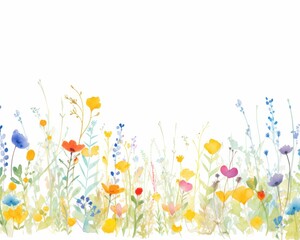 Floral watercolor meadow with blooming flowers. Background is plain, used for templates