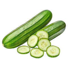 Fresh cucumber slices with visible seeds and green skin , isolated on transparent background