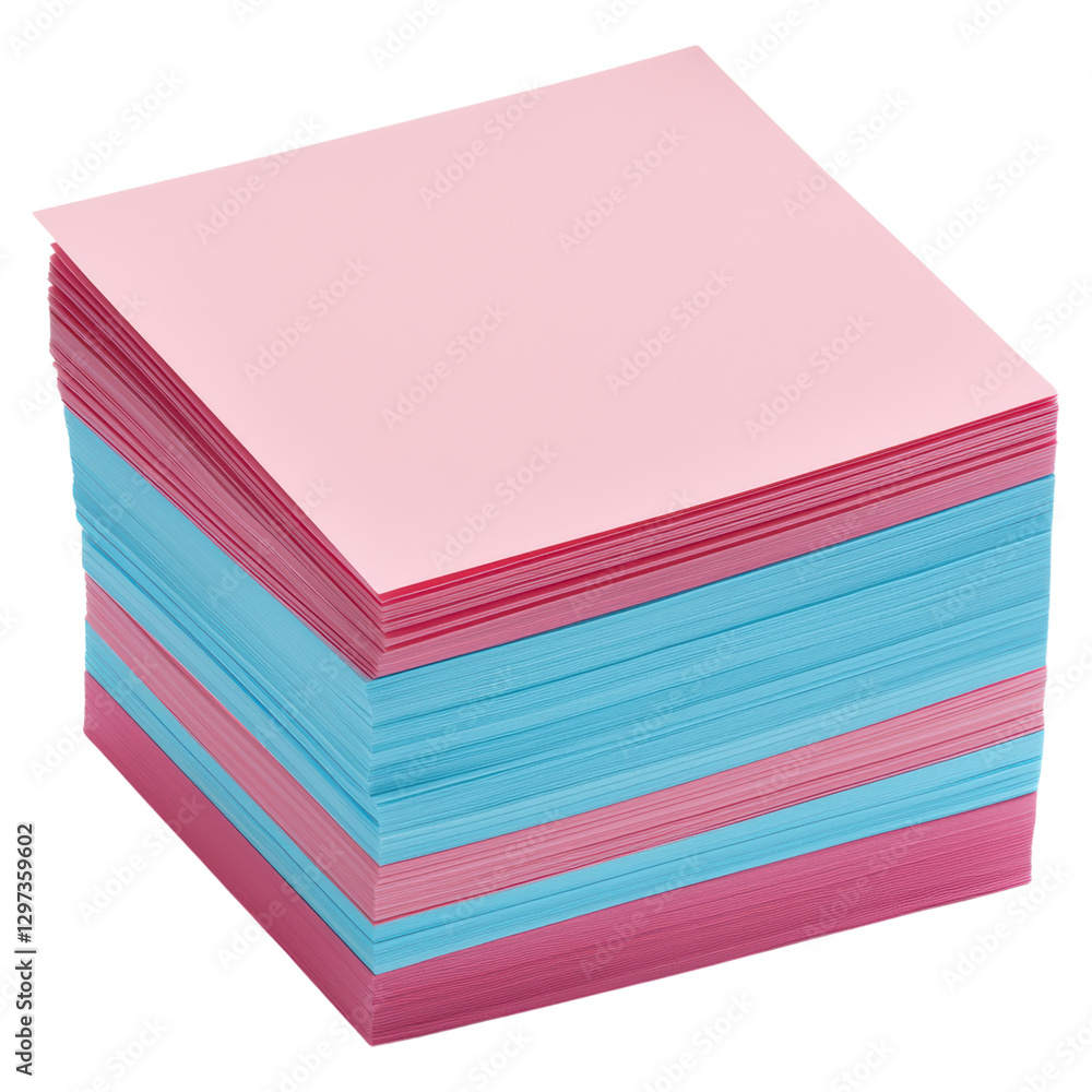 Poster stack of colorful sticky notes in pink and blue hues , isolated on transparent background