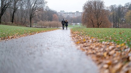 Fototapeta premium Couple walking on a park path on a rainy autumn day. Possible use Stock photo for travel/leisure