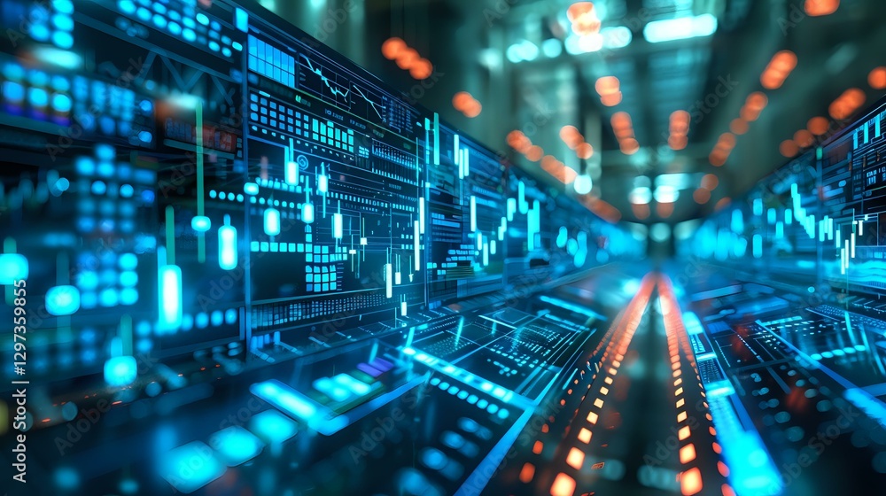 Poster digital financial chart with glowing blue candlesticks and data visualization in futuristic virtual 