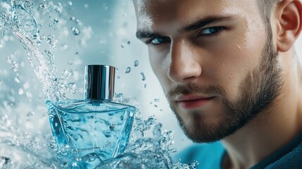 Bearded model promoting men's fragrance with aquatic notes